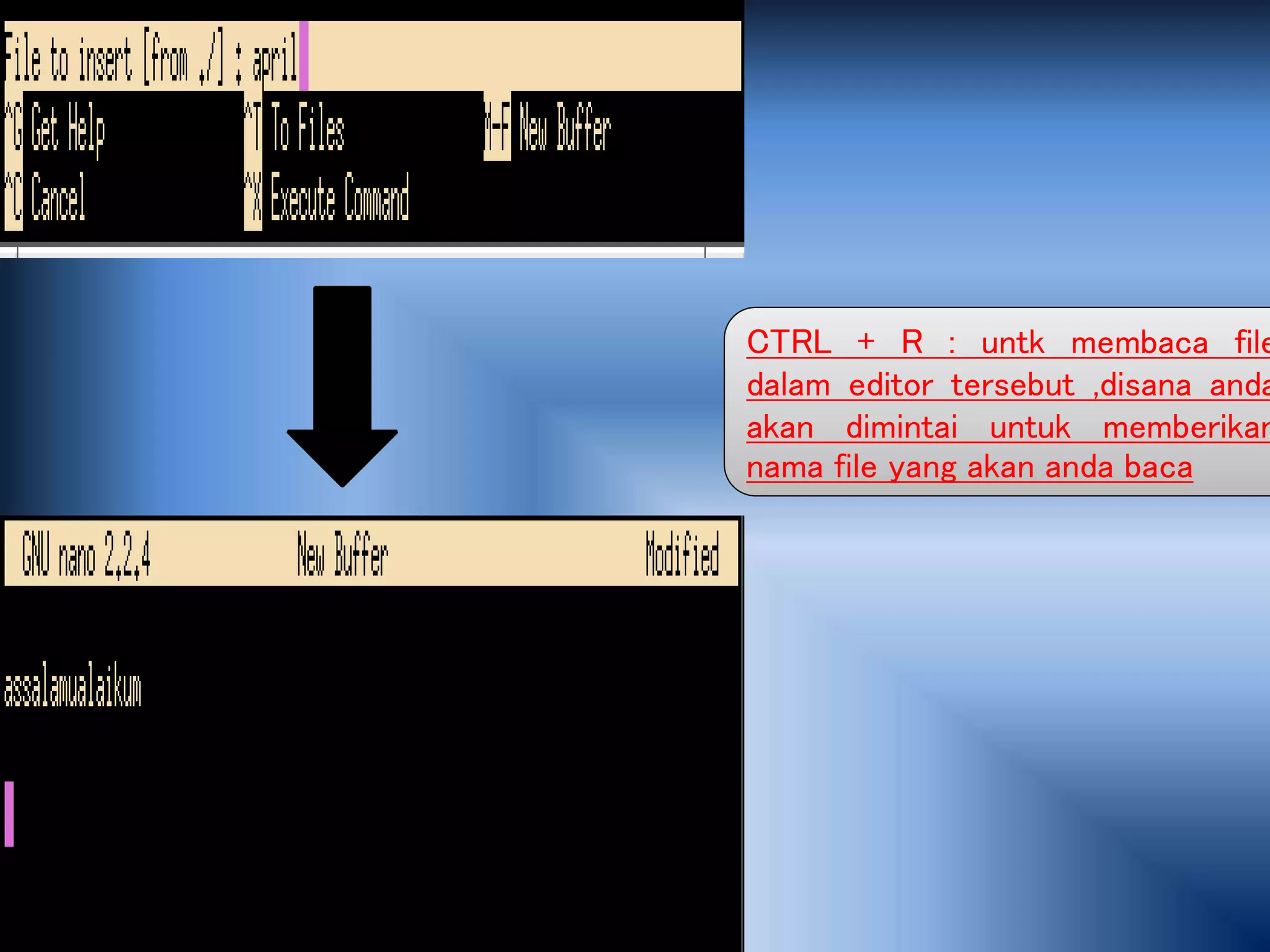 CTRL + R : untk membaca file
dalam editor tersebut ,disana anda
akan dimintai untuk memberikan
nama file yang akan anda baca
 