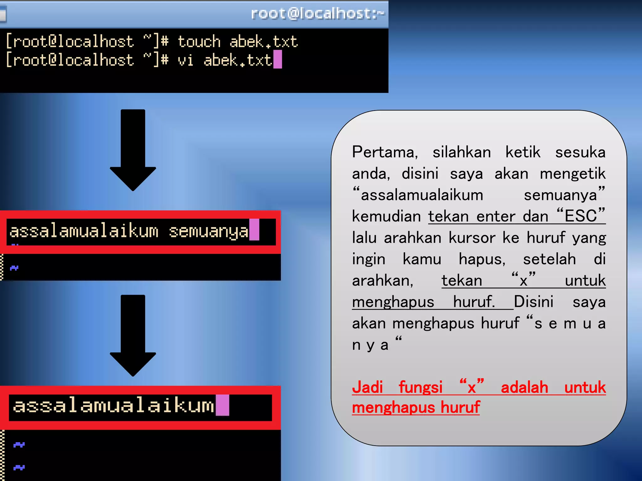Pertama, silahkan ketik sesuka
anda, disini saya akan mengetik
“assalamualaikum semuanya”
kemudian tekan enter dan “ESC”
lalu arahkan kursor ke huruf yang
ingin kamu hapus, setelah di
arahkan, tekan “x” untuk
menghapus huruf. Disini saya
akan menghapus huruf “s e m u a
n y a “
Jadi fungsi “x” adalah untuk
menghapus huruf
 