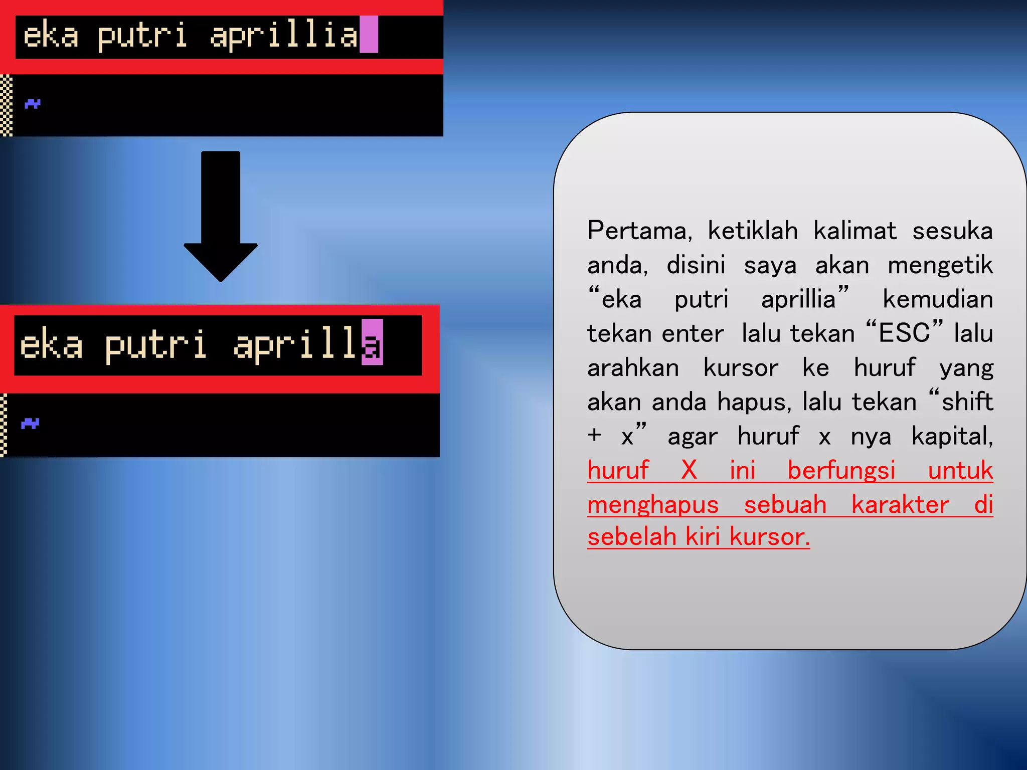 Pertama, ketiklah kalimat sesuka
anda, disini saya akan mengetik
“eka putri aprillia” kemudian
tekan enter lalu tekan “ESC” lalu
arahkan kursor ke huruf yang
akan anda hapus, lalu tekan “shift
+ x” agar huruf x nya kapital,
huruf X ini berfungsi untuk
menghapus sebuah karakter di
sebelah kiri kursor.
 