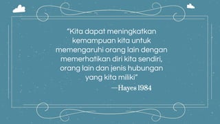 —Hayes 1984
“Kita dapat meningkatkan
kemampuan kita untuk
memengaruhi orang lain dengan
memerhatikan diri kita sendiri,
orang lain dan jenis hubungan
yang kita miliki”
 