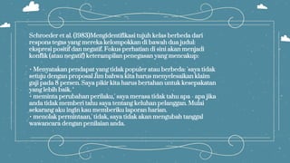 Schroeder et al. (1983)Mengidentifikasi tujuh kelas berbeda dari
respons tegas yang mereka kelompokkan di bawah dua judul:
ekspresi positif dan negatif. Fokus perhatian di sini akan menjadi
konflik (atau negatif) keterampilan penegasan yang mencakup:
• Menyatakan pendapat yang tidak populer atau berbeda: 'saya tidak
setuju dengan proposal Jim bahwa kita harus menyelesaikan klaim
gaji pada 8 persen. Saya pikir kita harus bertahan untuk kesepakatan
yang lebih baik. ‘
• meminta perubahan perilaku,' saya merasa tidak tahu apa - apa jika
anda tidak memberi tahu saya tentang keluhan pelanggan. Mulai
sekarang aku ingin kau memberiku laporan harian.
• menolak permintaan,' tidak, saya tidak akan mengubah tanggal
wawancara dengan penilaian anda.
 