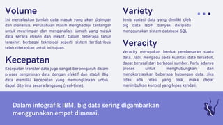 Dalam infografik IBM, big data sering digambarkan
menggunakan empat dimensi.
Variety
Jenis variasi data yang dimiliki oleh
big data lebih banyak daripada
menggunakan sistem database SQL
Volume
Ini menjelaskan jumlah data masuk yang akan disimpan
dan dianalisis. Perusahaan masih menghadapi tantangan
untuk menyimpan dan menganalisis jumlah yang masuk
data secara efisien dan efektif. Dalam beberapa tahun
terakhir, berbagai teknologi seperti sistem terdistribusi
telah ditetapkan untuk ini tujuan.
Kecepatan
Kecepatan transfer data juga sangat berpengaruh dalam
proses pengiriman data dengan efektif dan stabil. Big
data memiliki kecepatan yang memungkinkan untuk
dapat diterima secara langsung (real-time).
Veracity
Veracity merupakan bentuk pembenaran suatu
data. Jadi, mengacu pada kualitas data tersebut,
dapat berasal dari berbagai sumber. Perlu adanya
proses untuk menghubungkan dan
mengkorelasikan beberapa hubungan data. Jika
tidak ada relasi yang baik, maka dapat
menimbulkan kontrol yang lepas kendali.
 