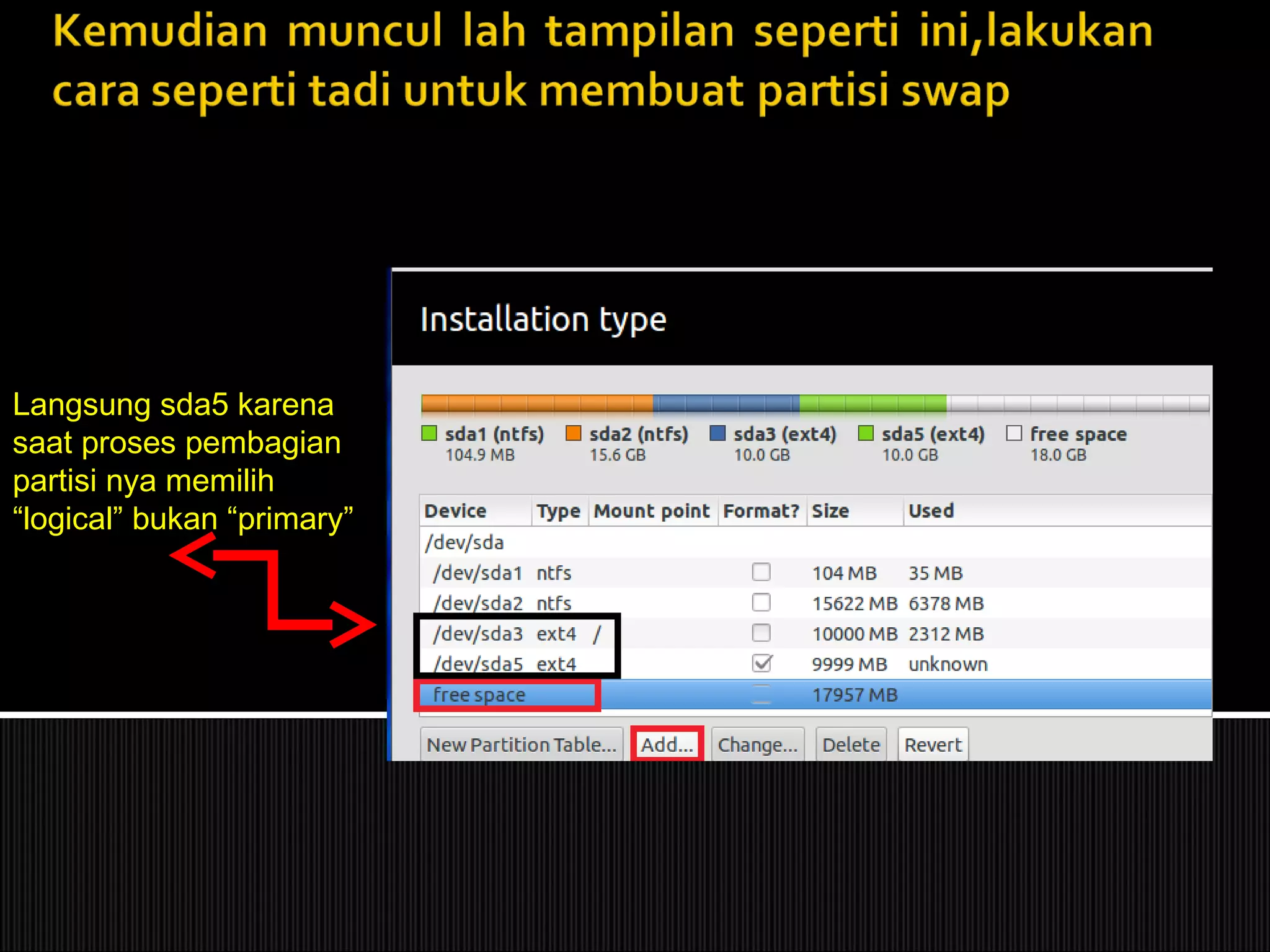 Langsung sda5 karena
saat proses pembagian
partisi nya memilih
“logical” bukan “primary”
 
