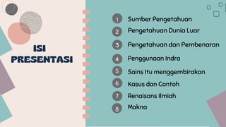 ISI
PRESENTASI
Sumber Pengetahuan
Pengetahuan Dunia Luar
Penggunaan Indra
Pengetahuan dan Pembenaran
Sains Itu menggembirakan
1
2
4
3
5
Kasus dan Contoh
6
Renaisans Ilmiah
7
Makna
8
 