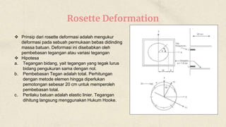 Rosette Deformation
 Prinsip dari rosette deformasi adalah mengukur
deformasi pada sebuah permukaan bebas didinding
massa batuan. Deformasi ini disebabkan oleh
pembebasan tegangan atau variasi tegangan
 Hipotesa
a. Tegangan bidang, yait tegangan yang tegak lurus
bidang pengukuran sama dengan nol.
b. Pembebasan Tegan adalah total. Perhitungan
dengan metode elemen hingga diperlukan
pemotongan sebesar 20 cm untuk memperoleh
pembebasan total.
c. Perilaku batuan adalah elastic linier. Tegangan
dihitung langsung menggunakan Hukum Hooke.
 