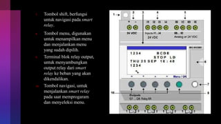 7. Tombol shift, berfungsi
untuk navigasi pada smart
relay.
8. Tombol menu, digunakan
untuk menampilkan menu
dan menjalankan menu
yang sudah dipilih.
9. Terminal blok relay output,
untuk menyambungkan
output relay dari smart
relay ke beban yang akan
dikendalikan.
10. Tombol navigasi, untuk
menjalankan smart relay
pada saat memprogaram
dan menyeleksi menu.
 