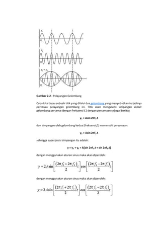 Gambar 2.2 : Pelayangan Gelombang
Coba kita tinjau sebuah titik yang dilalui dua gelombang yang menyebabkan terjadinya
peristiwa pelayangan gelombang ini. Titik akan mengalami simpangan akibat
gelombang pertama (dengan frekuensi f1) dengan persamaan sebagai berikut
y1 = Asin 2πf1.t
dan simpangan oleh gelombang kedua (frekuensi f2) memenuhi persamaan:
y2 = Asin 2πf2.t
sehingga superposisi simpangan itu adalah:
y = y1 + y2 = A*sin 2πf1.t + sin 2πf2.t]
dengan menggunakan aturan sinus maka akan diperoleh:

dengan menggunakan aturan sinus maka akan diperoleh:

 