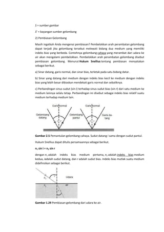S = sumber gambar
S’ = bayangan sumber gelombang
2) Pembiasan Gelombang
Masih ingatkah Anda mengenai pembiasan? Pembelokkan arah perambatan gelombang
dapat terjadi jika gelombang tersebut melewati bidang dua medium yang memiliki
indeks bias yang berbeda. Contohnya gelombang cahaya yang merambat dari udara ke
air akan mengalami pembelokkan. Pembelokkan arah perambatan gelombang disebut
pembiasan gelombang. Menurut Hukum Snellius tentang pembiasan menyatakan
sebagai berikut.
a) Sinar datang, garis normal, dan sinar bias, terletak pada satu bidang datar.
b) Sinar yang datang dari medium dengan indeks bias kecil ke medium dengan indeks
bias yang lebih besar dibiaskan mendekati garis normal dan sebaliknya.
c) Perbandingan sinus sudut (sin i) terhadap sinus sudut bias (sin r) dari satu medium ke
medium lainnya selalu tetap. Perbandingan ini disebut sebagai indeks bias relatif suatu
medium terhadap medium lain.

Gambar 2.5 Pemantulan gelombang cahaya. Sudut datang i sama dengan sudut pantul.
Hukum Snellius dapat ditulis persamaannya sebagai berikut.
n1 sin i = n2 sin r
dengan n1 adalah indeks bias medium pertama, n2 adalah indeks bias medium
kedua, iadalah sudut datang, dan r adalah sudut bias. Indeks bias mutlak suatu medium
didefinsikan sebagai berikut.

Gambar 1.29 Pembiasan gelombang dari udara ke air.

 