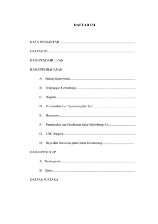 DAFTAR ISI

KATA PENGANTAR ...............................................................................................
DAFTAR ISI ..............................................................................................................
BAB I PENDAHULUAN
BAB II PEMBAHASAN
A. Prinsip Superposisi..................................................................................
B.

Pelayangan Gelombang ..........................................................................

C.

Dispersi...........................................................………….........................

D. Pemantulan dan Transmisi pada Tali.......................................................
E.

Resonansi................................................................................................

F.

Pemantulan dan Pembiasan pada Gelombang Air..................................

G.

Efek Doppler...........................................................................................

H.

Daya dan Intensitas pada Gerak Gelombang.........................................

BAB III PENUTUP
A. Kesimpulan..............................................................................................
B. Saran........................................................................................................
DAFTAR PUSTAKA

 