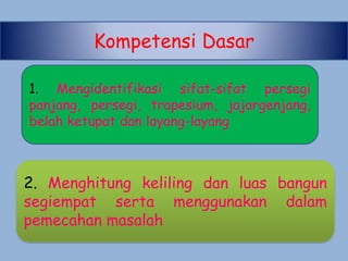 Kompetensi Dasar
1. Mengidentifikasi sifat-sifat persegi
panjang, persegi, trapesium, jajargenjang,
belah ketupat dan layang-layang

2. Menghitung keliling dan luas bangun
segiempat serta menggunakan dalam
pemecahan masalah

 