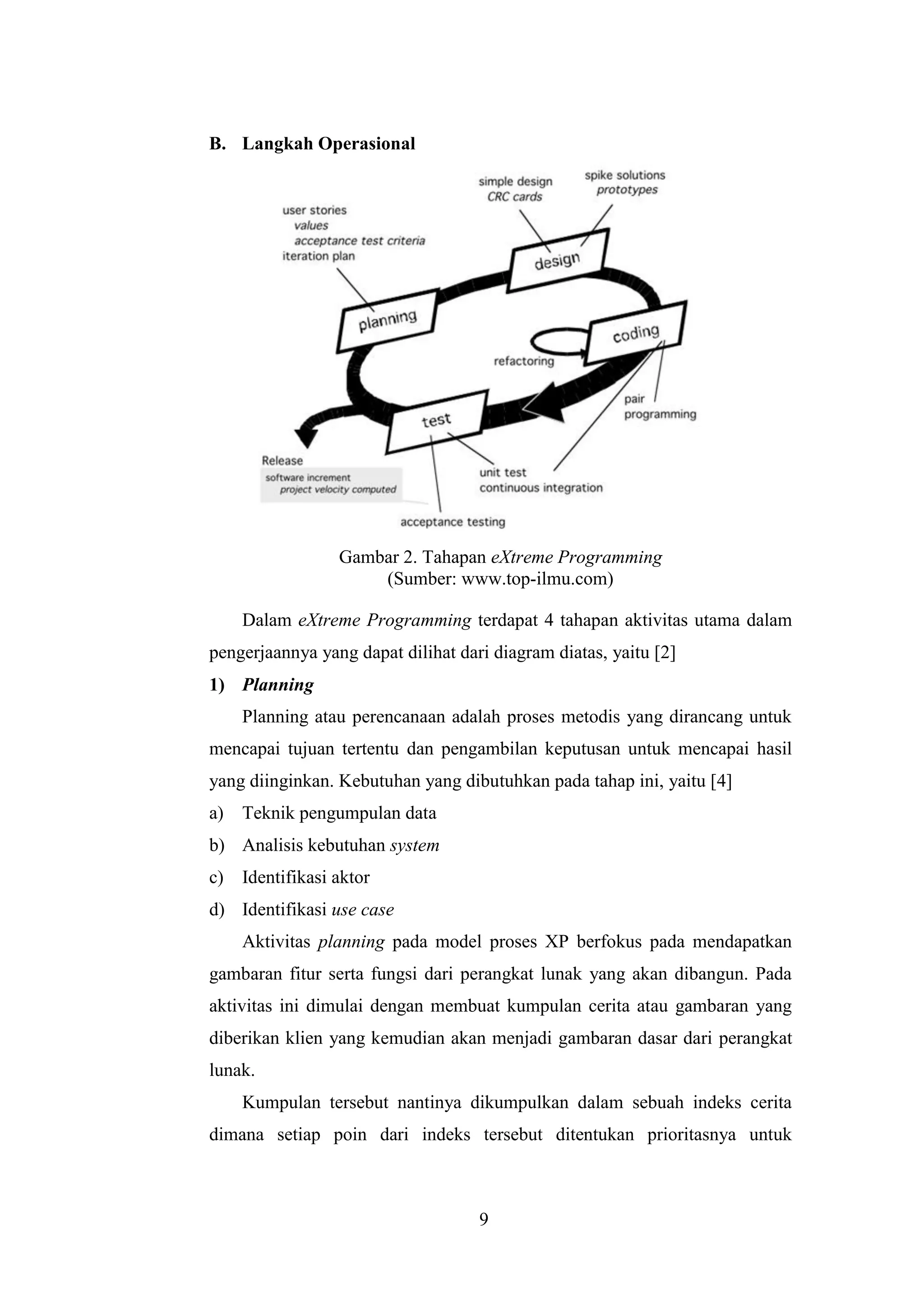 9
B. Langkah Operasional
Gambar 2. Tahapan eXtreme Programming
(Sumber: www.top-ilmu.com)
Dalam eXtreme Programming terdapat 4 tahapan aktivitas utama dalam
pengerjaannya yang dapat dilihat dari diagram diatas, yaitu [2]
1) Planning
Planning atau perencanaan adalah proses metodis yang dirancang untuk
mencapai tujuan tertentu dan pengambilan keputusan untuk mencapai hasil
yang diinginkan. Kebutuhan yang dibutuhkan pada tahap ini, yaitu [4]
a) Teknik pengumpulan data
b) Analisis kebutuhan system
c) Identifikasi aktor
d) Identifikasi use case
Aktivitas planning pada model proses XP berfokus pada mendapatkan
gambaran fitur serta fungsi dari perangkat lunak yang akan dibangun. Pada
aktivitas ini dimulai dengan membuat kumpulan cerita atau gambaran yang
diberikan klien yang kemudian akan menjadi gambaran dasar dari perangkat
lunak.
Kumpulan tersebut nantinya dikumpulkan dalam sebuah indeks cerita
dimana setiap poin dari indeks tersebut ditentukan prioritasnya untuk
 