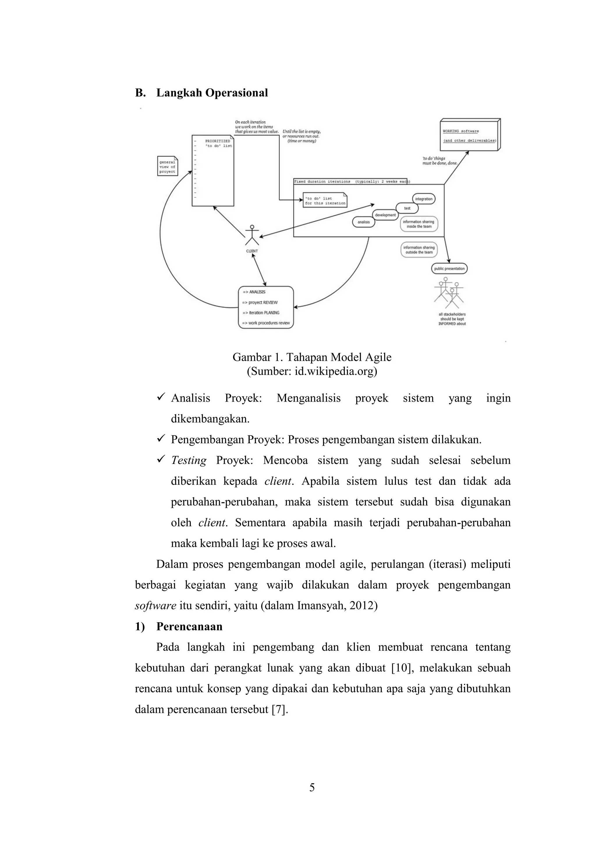5
B. Langkah Operasional
Gambar 1. Tahapan Model Agile
(Sumber: id.wikipedia.org)
 Analisis Proyek: Menganalisis proyek sistem yang ingin
dikembangakan.
 Pengembangan Proyek: Proses pengembangan sistem dilakukan.
 Testing Proyek: Mencoba sistem yang sudah selesai sebelum
diberikan kepada client. Apabila sistem lulus test dan tidak ada
perubahan-perubahan, maka sistem tersebut sudah bisa digunakan
oleh client. Sementara apabila masih terjadi perubahan-perubahan
maka kembali lagi ke proses awal.
Dalam proses pengembangan model agile, perulangan (iterasi) meliputi
berbagai kegiatan yang wajib dilakukan dalam proyek pengembangan
software itu sendiri, yaitu (dalam Imansyah, 2012)
1) Perencanaan
Pada langkah ini pengembang dan klien membuat rencana tentang
kebutuhan dari perangkat lunak yang akan dibuat [10], melakukan sebuah
rencana untuk konsep yang dipakai dan kebutuhan apa saja yang dibutuhkan
dalam perencanaan tersebut [7].
 