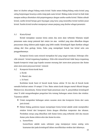 datar ini disebut sebagai bidang muka kristal. Sudut antara bidang-bidang muka kristal yang
saling berpotongan besarnya selalu tetap pada suatu kristal. Bidang muka kristal itu baik letak
maupun arahnya ditentukan oleh perpotongannya dengan sumbu-sumbu kristal. Dalam sebuah
kristal, sumbu kristal berupa garis bayangan yang lurus yang menembus kristal melalui pusat
kristal. Sumbu kristal tersebut mempunyai satuan panjang yang disebut sebagai parameter.




A.1      Kimia Kristal
         Kristal merupakan susunan kimia antara dua atom akan terbentuk bilamana terjadi
penurunan suatu energi potensial dari sistem ion atau molekul yang akan dihasilkan dengan
penyusunan ulang elektron pada tingkat yang lebih rendah. Kristalografi dapat diartikan sebagai
cabang dari ilmu geologi, kimia, fisika yang mempelajari bentuk luar kristal serta cara
penggambarannya.

         Komposisi kimia suatu mineral merupakan hal yang sangat mendasar, beberapa sifat-
sifat mineral / kristal tergantung kepadanya. Sifat-sifat mineral/kristal tidak hanya tergantung
kepada komposisi tetapi juga kepada susunan meruang dari atom-atom penyusun dan ikatan
antar atom-atom penyusun kristal / mineral.
A.2      Komposisi kimia kerak bumi
         a. Kerak
         b. Mantel, dan
         c. Isi bumi
         Ketebalan kerak bumi di bawah kerak benua sekitar 36 km dan di bawah kerak
samudra berkisar antara 10 sampai 13 km. Batas antara kerak dengan mantel dikenal dengan
Mohorovicic discontinuity. Kimia kristal Sejak penemuan sinar X, penyelidikan kristalografi
sinar X telah mengembangkan pengertian kita tentang hubungan antara kimia dan struktur.
Tujuannya adalah:
       Untuk mengetahui hubungan antara susunan atom dan komposisi kimia dari suatu
         jenis kristal.
       Dalam bidang geokimia tujuan mempelajari kimia kristal adalah untuk memprediksi
         struktur kristal dari komposisi kimia dengan diberikan temperatur dan tekanan.
         Perubahan energi yang dihasilkan oleh ikatan kimia yang terbentuk oleh dua macam
         ikatan yaitu ikatan elektrovalen dan ikatan kovalen.
         a. Isomorfisme
             Isomorfisme adalah suatu substansi yang mempunyai rumus analog serta
             keamanan dari pada kristalografi dalam merefleksikan struktur dari dalamnya.
                                                                                             12
 