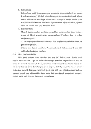 b. Polimorfisme
           Polimorfisme adalah kemampuan unsur atom untuk membentuk lebih satu macam
           kristal. perbedaan dari sifat fisik kristal akan membentuk substansi polimerfic sebagai
           morfic, trimorficdan seharusnya. Polimorfisme menunjukan bahwa struktur kristal
           tidak hanya ditentukan oleh unsur kimia saja akan tetapi dapat disebabkan juga oleh
           unsur dari susunan atom yang dibangaun kristal.
       c. Pseudomorfisme
           Mineral dapat mengalami perubahan mineral lain tanpa merubah ikatan kimianya
           proses ini dikenal sebagai proses pseudomorfisme. Pseudomorfisme ini terbagi
           menjadi dua yaitu :
           1.Tidak terjadi perubahan unsur kimianya, akan tetapi terjadi perubahan sistem dari
           pada kristalografinya.
           2.Unsur lama diganti unsur baru. Pseudomorfisme disebabkan mineral lama tidak
           stabil dalam lingkungan yang baru.
A.3    Daya Ikat dalam Kristal
       Daya yang mengikat atom (atau ion, atau grup ion) dari zat pada kristalin adalah
bersifat listrik di alam. Tipe dan intensitasnya sangat berkaitan dengansifat-sifat fisik dan
kimia dari mineral. Kekerasan, belahan, daya lebur, kelistrikan dan konduktivitas termal, dan
koefisien ekspansi termal berhubungan secara langsung terhadap daya ikat. Secara umum,
ikatan kuat memiliki kekerasan yang lebih tinggi, titik leleh yang lebih tinggi dan koefisien
ekspansi termal yang lebih rendah. Ikatan kimia dari suatu kristal dapat dibagi menjadi 4
macam, yaitu: ionik, kovalen, logam dan van der Waals.




                                                                                               13
 