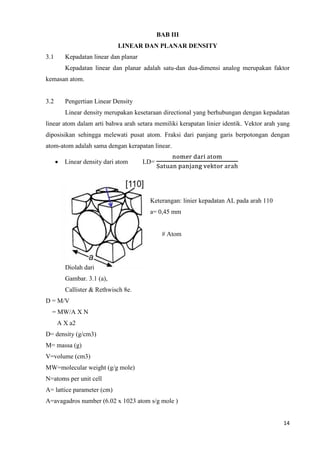 BAB III
                            LINEAR DAN PLANAR DENSITY
3.1     Kepadatan linear dan planar
        Kepadatan linear dan planar adalah satu-dan dua-dimensi analog merupakan faktor
kemasan atom.


3.2     Pengertian Linear Density
        Linear density merupakan kesetaraan directional yang berhubungan dengan kepadatan
linear atom dalam arti bahwa arah setara memiliki kerapatan linier identik. Vektor arah yang
diposisikan sehingga melewati pusat atom. Fraksi dari panjang garis berpotongan dengan
atom-atom adalah sama dengan kerapatan linear.

        Linear density dari atom      LD=




                                       Keterangan: linier kepadatan AL pada arah 110
                                       a= 0,45 mm


                                             # Atom




        Diolah dari
        Gambar. 3.1 (a),
        Callister & Rethwisch 8e.
D = M/V
  = MW/A X N
      A X a2
D= density (g/cm3)
M= massa (g)
V=volume (cm3)
MW=molecular weight (g/g mole)
N=atoms per unit cell
A= lattice parameter (cm)
A=avagadros number (6.02 x 1023 atom s/g mole )


                                                                                         14
 