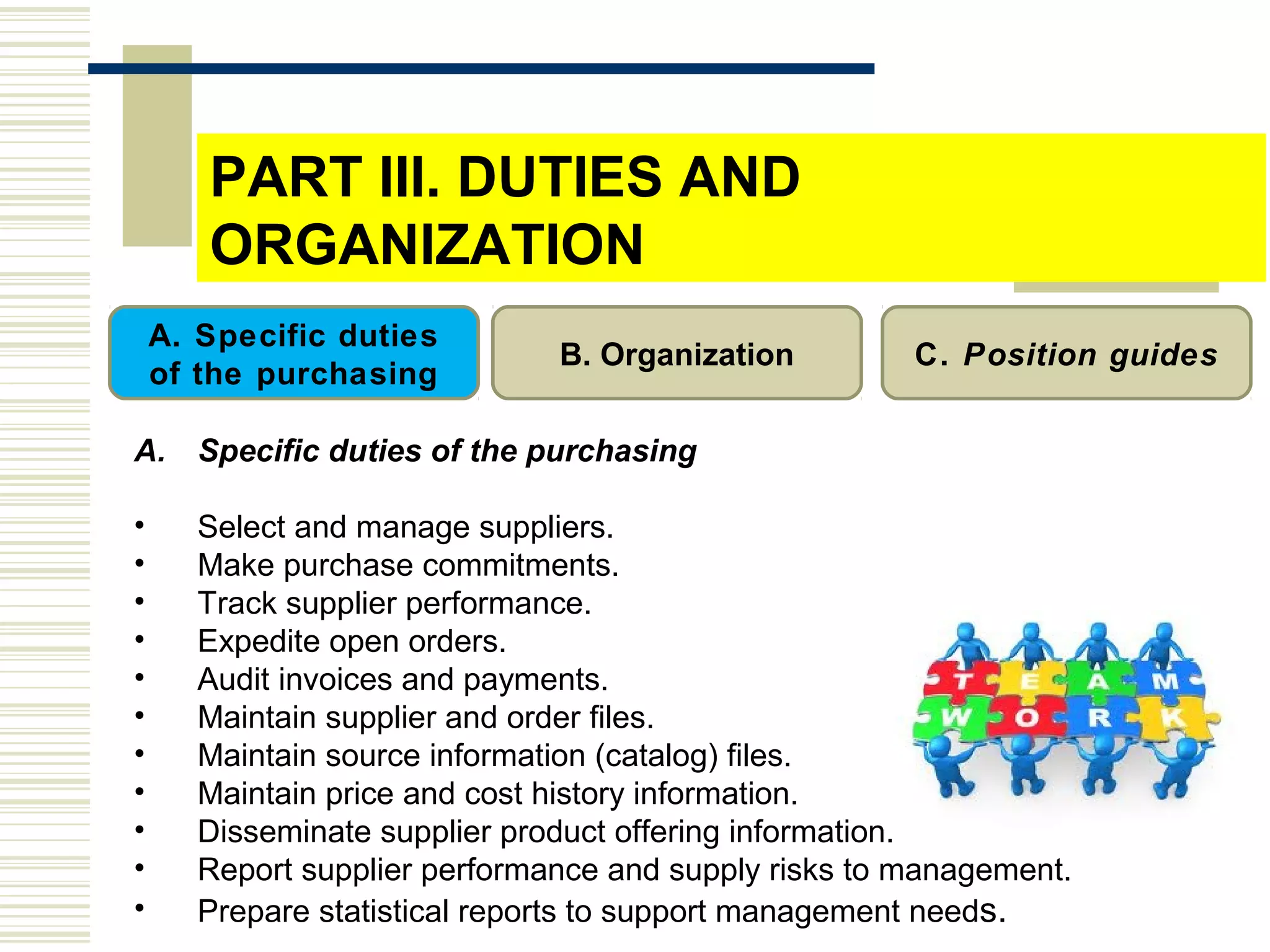 PART III. DUTIES AND
ORGANIZATION
A. Specific duties of the purchasing
• Select and manage suppliers.
• Make purchase commitments.
• Track supplier performance.
• Expedite open orders.
• Audit invoices and payments.
• Maintain supplier and order files.
• Maintain source information (catalog) files.
• Maintain price and cost history information.
• Disseminate supplier product offering information.
• Report supplier performance and supply risks to management.
• Prepare statistical reports to support management needs.
A. Specific duties
of the purchasing
B. Organization C. Position guides
 