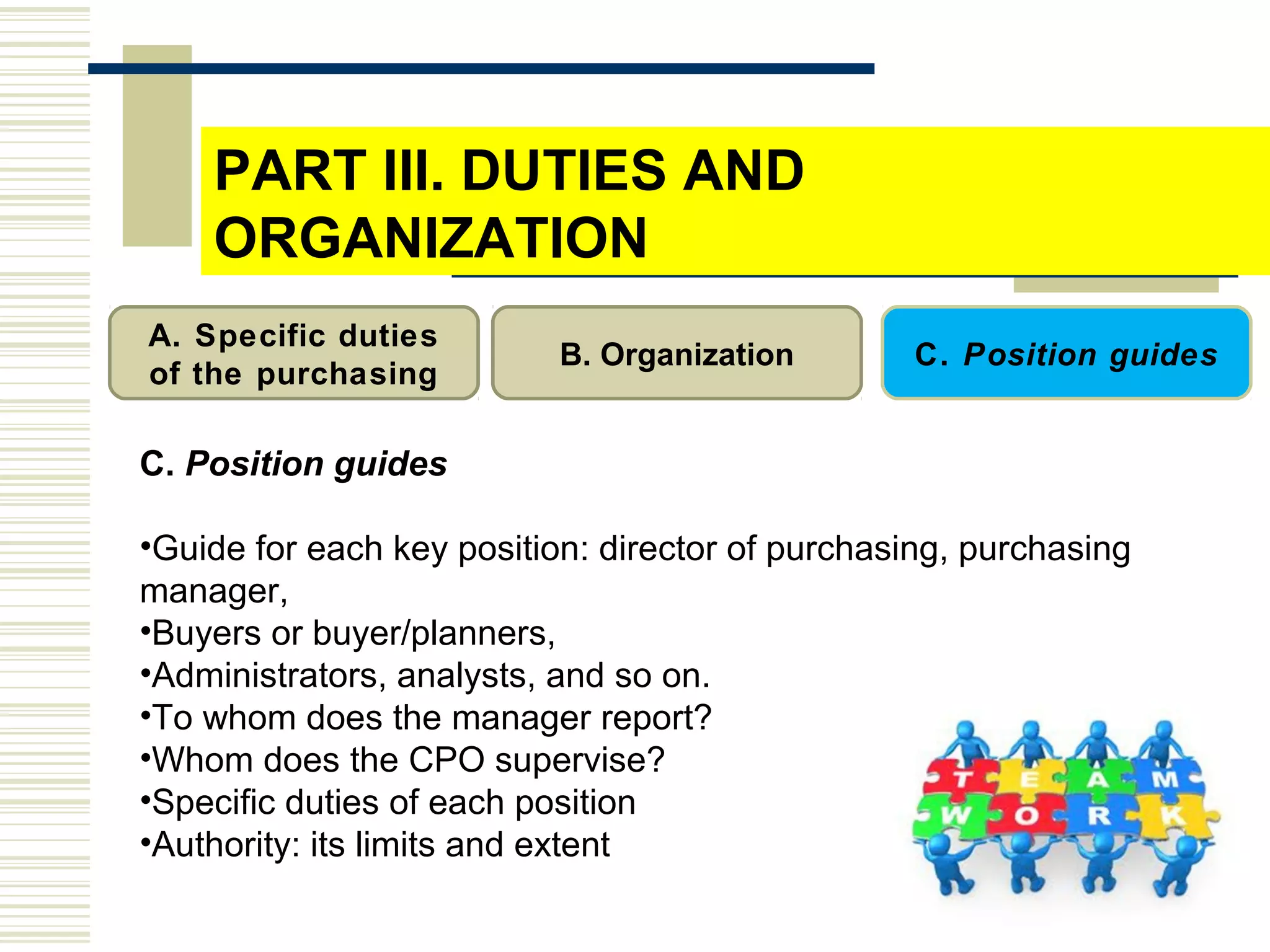 PART III. DUTIES AND
ORGANIZATION
A. Specific duties
of the purchasing
B. Organization C. Position guides
C. Position guides
•Guide for each key position: director of purchasing, purchasing
manager,
•Buyers or buyer/planners,
•Administrators, analysts, and so on.
•To whom does the manager report?
•Whom does the CPO supervise?
•Specific duties of each position
•Authority: its limits and extent
 