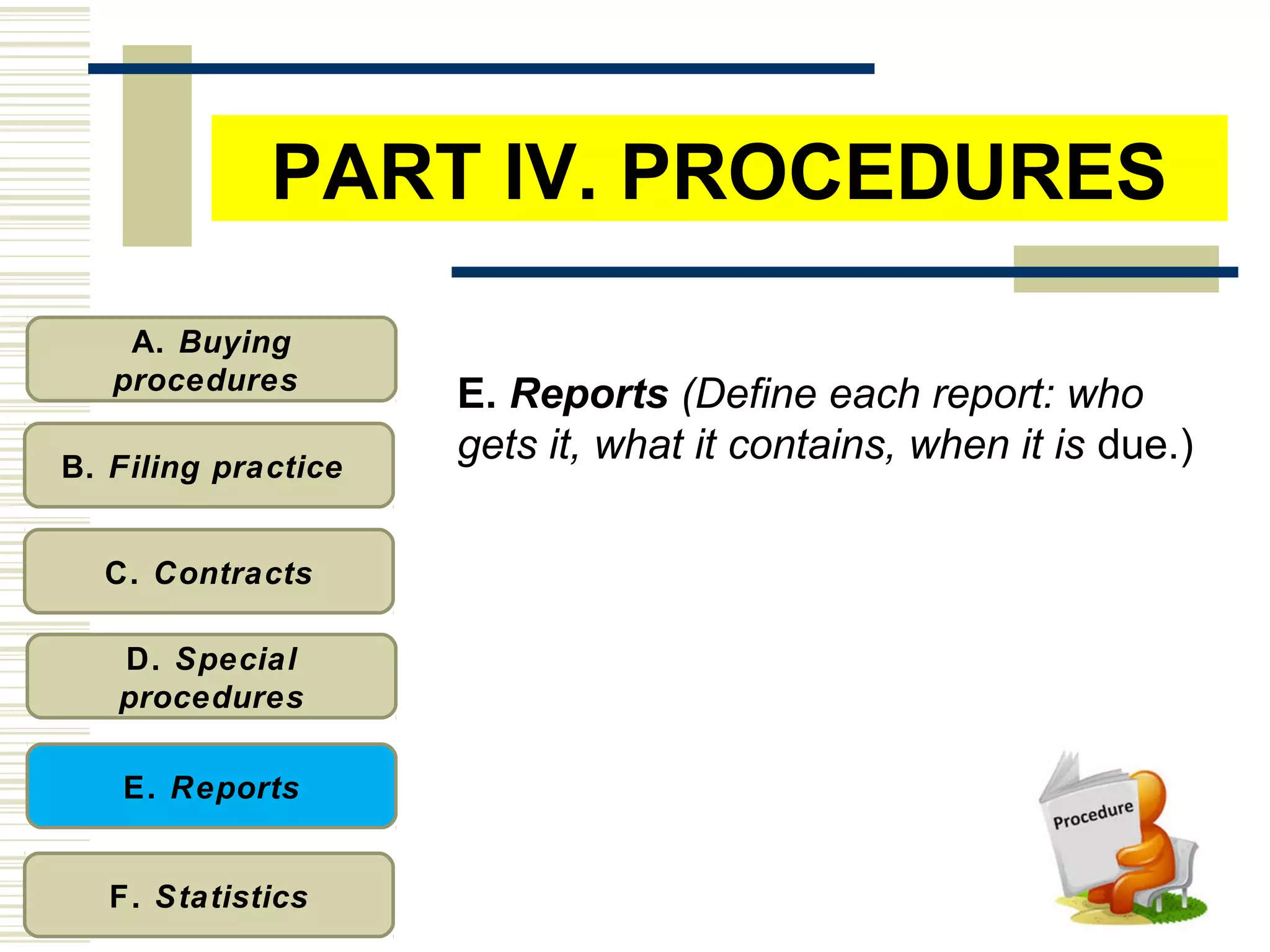 PART IV. PROCEDURES
A. Buying
procedures
B. Filing practice
C. Contracts
D. Special
procedures
E. Reports
F. Statistics
E. Reports (Define each report: who
gets it, what it contains, when it is due.)
 