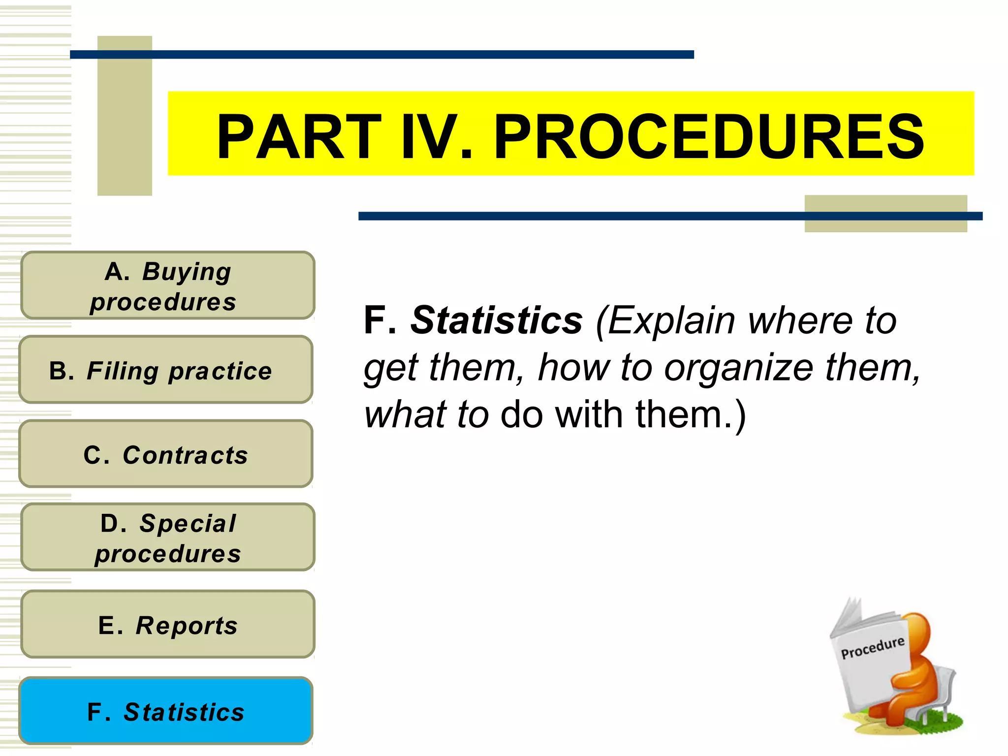 A. Buying
procedures
B. Filing practice
C. Contracts
D. Special
procedures
E. Reports
F. Statistics
F. Statistics (Explain where to
get them, how to organize them,
what to do with them.)
PART IV. PROCEDURES
 