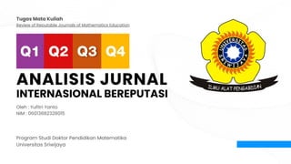 ANALISIS JURNAL
INTERNASIONAL BEREPUTASI
Oleh : Yufitri Yanto
NIM : 06013682328015
Program Studi Doktor Pendidikan Matematika
Universitas Sriwijaya
Tugas Mata Kuliah
Review of Reputable Journals of Mathematics Education
 