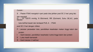 Contoh :
S : Pasien P3A0 mengeluh nyeri pada luka jahitan post SC 2 hari yang lalu
dan mengigil.
O : TD 120/70 mmHg, N 80x/menit, RR 22x/menit, Suhu 38,30C, pada
balutan
luka terlihat basah dan terdapat PUS. A : P3A0
post SC 2 hari dengan infeksi
P : Lakukan perawatan luka, pendidikan kesehatan makan tinggi kalori dan
protein
I : Ganti balutan, pendidikan kesehatan nutrisi tinggi kalori dan protein
E : Luka masih bernanah
R : Ganti balutan 2 kali/hari
 