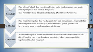 • Data subjektif adalah data yang diperoleh dari sudut pandang pasien atau segala
bentuk pernyataan atau keluhan dari pasien.
• Pada pasien bisu maka dibagian data belakang “S” diberi kode”0” atau “X”.
• Data objektif merupakan data yag diperoleh dari hasil pemeriksaan / observasi bidan
atau tenaga kesehatan lain. meliputi pemeriksaan fisik pasien, pemeriksaan
laboratorium, atapu pemeriksaan diagnostik lainnya.
• Assesment merupakan pendokumentasian dari hasil analisa data subjektif dan data
objektif. Analisa yang cepat dan akurat sangat diperlukan guna pengambilan
keputusan / tindakan yang tepat.
S
O
A
P
I
E
D
 