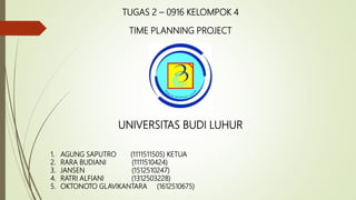 TUGAS 2 – 0916 KELOMPOK 4
TIME PLANNING PROJECT
UNIVERSITAS BUDI LUHUR
1. AGUNG SAPUTRO (1111511505) KETUA
2. RARA BUDIANI (1111510424)
3. JANSEN (1512510247)
4. RATRI ALFIANI (1312503228)
5. OKTONOTO GLAVIKANTARA (1612510675)
 