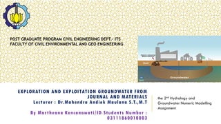 EXPLORATION AND EXPLOITATION GROUNDWATER FROM
JOURNAL AND MATERIALS
Lecturer : Dr.Mahendra Andiek Maulana S.T.,M.T
By Martheana Kencanawati/ID Students Number :
03111860010003
the 2nd Hydrology and
Groundwater Numeric Modelling
Assignment
POST GRADUATE PROGRAM CIVIL ENGINEERING DEPT.- ITS
FACULTY OF CIVIL ENVIRONMENTAL AND GEO ENGINEERING
 