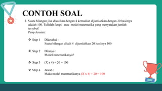 CONTOH SOAL
1. Suatu bilangan jika dikalikan dengan 4 kemudian dijumlahkan dengan 20 hasilnya
adalah 100. Tulislah fungsi atau model matematika yang menyatakan jumlah
tersebut!
Penyelesaian:
 Step 1 Diketahui :
Suatu bilangan dikali 4 dijumlahkan 20 hasilnya 100
 Step 2 Ditanya :
Model matematikanya?
 Step 3 (X x 4) + 20 = 100
 Step 4 Jawab :
Maka model matematikanya (X x 4) + 20 = 100
 