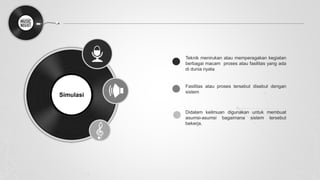 Simulasi
Teknik menirukan atau memperagakan kegiatan
berbagai macam proses atau fasilitas yang ada
di dunia nyata
Fasilitas atau proses tersebut disebut dengan
sistem
Didalam keilmuan digunakan untuk membuat
asumsi-asumsi bagaimana sistem tersebut
bekerja.
 