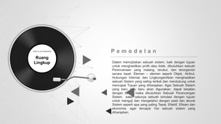 Dalam menciptakan sebuah sistem, baik dengan tujuan
untuk menghasilkan profit atau tidak, dibutuhkan sebuah
Perencanaan yang matang, terukur, dan terorganisir
secara tepat. Elemen – elemen seperti Objek, Atribut,
Hubungan Internal, dan LingkunganAkan menghasilkan
sebuah Sistem yang saling terikat dan mendukung untuk
mencapai Tujuan yang diharapkan. Agar Sebuah Sistem
yang baru atau baru akan digunakan, dapat berjalan
dengan baik, maka dibutuhkan Sebuah Perancangan
Sistem salah satunya sebuah simulasi dengan tujuan
untuk menguji dan mengetahui dengan pasti dan akurat
Sistem seperti apa yang paling Tepat, Efektif, Efisien dan
ekonomis, agar tercapai Visi sebuah sistem yang
diharapkan.
P e m o d e l a n
Ruang
Lingkup
 