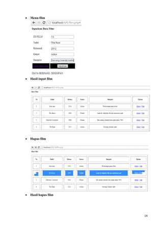 14
 Menu film
 Hasil input film
 Hapus film
 Hasil hapus film
 