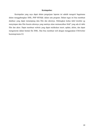 20
Kesimpulan:
Kesimpulan yang saya dapat dalam pengerjaan laporan ini adalah mengerti bagaimana
dalam menggabungkan XML, PHP MYSQL dalam satu program. Dalam tugas ini bisa membuat
database yang dapat menampung data film dan aktornya. Hubungkan kedua tabel tersebut yg
menyimpan data film beserta aktornya yang nantinya akan memunculkan field” yang ada di table
film dan aktor. Dapat membuat website yang dapat melakukan insert, update, delete, dan dapat
mengenerate dalam bentuk file XML. Dan bisa membuat web dengan menggunakan CSS/twitter
bootstrap/metro UI.
 