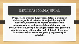 IMPLIKASI MANAJERIAL
Proses Pengambilan Keputusan dalam partisipatif
dalam organisasi sekolah Manajerial yang baik.
Rendahnya kemapuan kepala sekolah akan
berpengaruh terhadap perolehan dukungan dari
masyarakat khususnya dukungan dalam mengambilan
keputusan yang dikeluarkan sekolah terkait dengan
kebijakan dan rencana program pengembangan
sekolah.
 