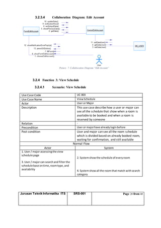 Jurusan Teknik Informatika ITS SRS-001 Page 20 from 60
3.2.3.4 Collaboration Diagram: Edit Account
Picture 7. Collaboration Diagram “Edit Account”
3.2.4 Function 3: View Schedule
3.2.4.1 Scenario: View Schedule
Use Case Code UC 003
Use Case Name View Schedule
Actor User or Major
Description This use case describe how a user or major can
see all the schedule that show when a room is
available to be booked and when a room is
reserved by someone
Relation -
Precondition User or majorhave alreadyloginbefore
Post condition User and major can see all the room schedule
which is divided based on already booked room,
waiting for confirmation, and still available
Normal Flow
Actor System
1. User / major accessingthe view
schedule page
3. User / major can searchand filter the
schedule base ontime,roomtype,and
availability
2. Systemshow the schedule of everyroom
4. Systemshow all the room that match withsearch
category
 