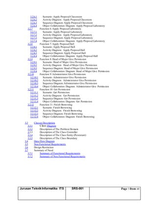Jurusan Teknik Informatika ITS SRS-001 Page 5 from 60
3.2.6.1 Scenario: Apply Proposal Classroom
3.2.6.2 Activity Diagram: Apply Proposal Classroom
3.2.6.3 Sequence Diagram: Apply Proposal Classroom
3.2.6.4 Object Collaboration Diagram: Apply Proposal Laboratory
3.2.7 Function 6: Apply Proposal Laboratory
3.2.7.1 Scenario: Apply Proposal Laboratory
3.2.7.2 Activity Diagram: Apply Proposal Laboratory
3.2.7.3 Sequence Diagram: Apply Proposal Laboratory
3.2.7.4 Object Collaboration Diagram: Apply Proposal Laboratory
3.2.8 Function 7: Apply Proposal Hall
3.2.8.1 Scenario: Apply Proposal Hall
3.2.8.2 Activity Diagram: Apply Proposal Hall
3.2.8.3 Sequence Diagram: Apply Proposal Hall
3.2.8.4 Object Collaboration Diagram: Apply Proposal Hall
3.2.9 Function 8: Head of Major Give Permission
3.2.9.1 Scenario: Head of Major Give Permission
3.2.9.2 Activity Diagram: Head of Major Give Permission
3.2.9.3 Sequence Diagram: Head of Major Give Permission
3.2.9.4 Object Collaboration Diagram: Head of Major Give Permission
3.2.10 Function 9: Administrator Give Permission
3.2.10.1 Scenario: Administrator Give Permission
3.2.10.2 Activity Diagram: Administrator Give Permission
3.2.10.3 Sequence Diagram: Administrator Give Permission
3.2.10.4 Object Collaboration Diagram: Administrator Give Permission
3.2.11 Function 10: Get Permission
3.2.11.1 Scenario: Get Permission
3.2.11.2 Activity Diagram: Get Permission
3.2.11.3 Sequence Diagram: Get Permission
3.2.11.4 Object Collaboration Diagram: Get Permission
3.2.12 Function 11: Finish Borrowing
3.2.12.1 Scenario: Finish Borrowing
3.2.12.2 Activity Diagram: Finish Borrowing
3.2.12.3 Sequence Diagram: Finish Borrowing
3.2.12.4 Object Collaboration Diagram: Finish Borrowing
3.3 Classes Description
3.3.1 Class Diagram
3.3.2 Description of The Problem Domain
3.3.3 Description of The Class Controller
3.3.4 Description of The Class Entity (Persistant)
3.3.5 Description of The Class Boundary
3.4 Data Flow Diagram
3.5 Non Functional Requirements
3.6 Design Restriction
3.7 Summary of Need
3.7.1 Summary of Functional Requirements
3.7.2 Summary of Non Functional Requirements
 