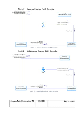 Jurusan Teknik Informatika ITS SRS-001 Page 52 from 60
3.2.12.3 Sequence Diagram: Finish Borrowing
Picture 33. Sequence Diagram “Finish Borrowing”
3.2.12.4 Collaboration Diagram: Finish Borrowing
Picture 34. Collaboration Diagram “Finish Borrowing
 