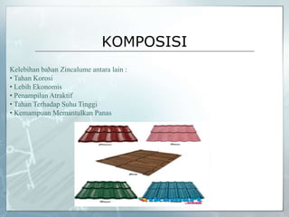 KOMPOSISI
Kelebihan bahan Zincalume antara lain :
• Tahan Korosi
• Lebih Ekonomis
• Penampilan Atraktif
• Tahan Terhadap Suhu Tinggi
• Kemampuan Memantulkan Panas
 