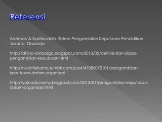 Anzizhan & Syafaruddin. Sistem Pengambilan Keputusan Pendidikan.
Jakarta: Grasindo
http://dhino-ambargo.blogspot.com/2013/05/definisi-dan-dasar-
pengambilan-keputusan.html
http://nikotrileksono.tumblr.com/post/47086072101/pengambilan-
keputusan-dalam-organisasi
http://yolandavanny.blogspot.com/2013/04/pengambilan-keputusan-
dalam-organisasi.html
 