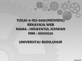 TUGAS 6-KU-0316(INDIVIDU)
REKAYASA WEB
NAMA : HIDAYATUL ICHWAN
NIM : 1311511529
UNIVERSITAS BUDILUHUR
 
