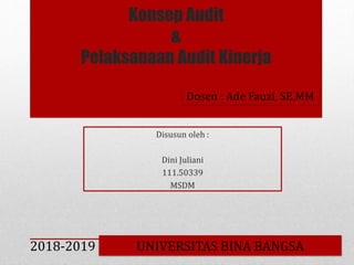 Konsep Audit
&
Pelaksanaan Audit Kinerja
Disusun oleh :
Dini Juliani
111.50339
MSDM
Dosen : Ade Fauzi, SE,MM
UNIVERSITAS BINA BANGSA2018-2019
 