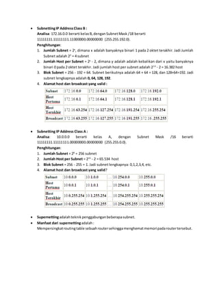  Subnetting IP Address Class B : 
Analisa: 172.16.0.0 berarti kelas B, dengan Subnet Mask /18 berarti 
11111111.11111111.11000000.00000000 (255.255.192.0). 
Penghitungan: 
1. Jumlah Subnet = 2x, dimana x adalah banyaknya binari 1 pada 2 oktet terakhir. Jadi Jumlah 
Subnet adalah 22 = 4 subnet 
2. Jumlah Host per Subnet = 2y - 2, dimana y adalah adalah kebalikan dari x yaitu banyaknya 
binari 0 pada 2 oktet terakhir. Jadi jumlah host per subnet adalah 214 - 2 = 16.382 host 
3. Blok Subnet = 256 - 192 = 64. Subnet berikutnya adalah 64 + 64 = 128, dan 128+64=192. Jadi 
subnet lengkapnya adalah 0, 64, 128, 192. 
4. Alamat host dan broadcast yang valid : 
 Subnetting IP Address Class A : 
Analisa: 10.0.0.0 berarti kelas A, dengan Subnet Mask /16 berarti 
11111111.11111111.00000000.00000000 (255.255.0.0). 
Penghitungan: 
1. Jumlah Subnet = 28 = 256 subnet 
2. Jumlah Host per Subnet = 216 - 2 = 65.534 host 
3. Blok Subnet = 256 - 255 = 1. Jadi subnet lengkapnya: 0,1,2,3,4, etc. 
4. Alamat host dan broadcast yang valid? 
 Supernetting adalah teknik penggabungan beberapa subnet. 
 Manfaat dari supernetting adalah : 
Mempersingkat routing table sebuah router sehingga menghemat memori pada router tersebut. 
 