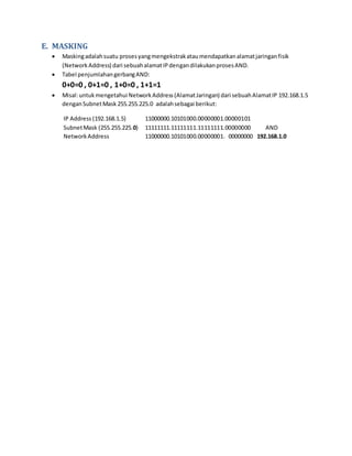 E. MASKING 
 Masking adalah suatu proses yang mengekstrak atau mendapatkan alamat jaringan fisik 
(Network Address) dari sebuah alamat IP dengan dilakukan proses AND. 
 Tabel penjumlahan gerbang AND: 
0+0=0 , 0+1=0 , 1+0=0 , 1+1=1 
 Misal: untuk mengetahui Network Address (Alamat Jaringan) dari sebuah Alamat IP 192.168.1.5 
dengan Subnet Mask 255.255.225.0 adalah sebagai berikut: 
IP Address (192.168.1.5) 11000000.10101000.00000001.00000101 
Subnet Mask (255.255.225.0) 11111111.11111111.11111111.00000000 AND 
Network Address 11000000.10101000.00000001. 00000000 192.168.1.0 
