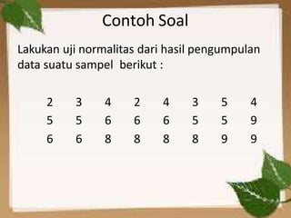 Contoh Soal
Lakukan uji normalitas dari hasil pengumpulan
data suatu sampel berikut :
2 3 4 2 4 3 5 4
5 5 6 6 6 5 5 9
6 6 8 8 8 8 9 9
 