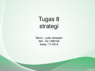 Tugas 8
strategi
Nama : yoke setiawan
Nim : A2.1000163
Kelas : TI VIII-A
 