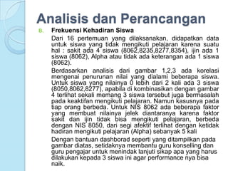 Analisis dan Perancangan
B.   Frekuensi Kehadiran Siswa
     Dari 16 pertemuan yang dilaksanakan, didapatkan data
     untuk siswa yang tidak mengikuti pelajaran karena suatu
     hal : sakit ada 4 siswa (8062,8235,8277,8354), ijin ada 1
     siswa (8062), Alpha atau tidak ada keterangan ada 1 siswa
     (8062).
     Berdasarkan analisis dari gambar 1,2,3 ada korelasi
     mengenai penurunan nilai yang dialami beberapa siswa.
     Untuk siswa yang nilainya 0 lebih dari 2 kali ada 3 siswa
     (8050,8062,8277), apabila di kombinasikan dengan gambar
     4 terlihat sekali memang 3 siswa tersebut juga bermasalah
     pada keaktifan mengikuti pelajaran. Namun kasusnya pada
     tiap orang berbeda. Untuk NIS 8062 ada beberapa faktor
     yang membuat nilainya jelek diantaranya karena faktor
     sakit dan ijin tidak bisa mengikuti pelajaran, berbeda
     dengan NIS 8050, dari segi afektif terlihat dengan ketidak
     hadiran mengikuti pelajaran (Alpha) sebanyak 5 kali
     Dengan bantuan dashborad seperti yang ditampilkan pada
     gambar diatas, setidaknya membantu guru konselling dan
     guru pengajar untuk menindak lanjuti sikap apa yang harus
     dilakukan kepada 3 siswa ini agar performance nya bisa
     naik.
 