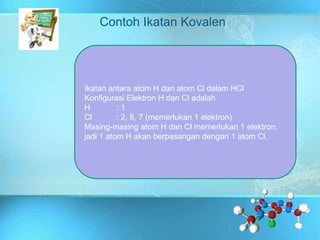 Contoh Ikatan Kovalen
Ikatan antara atom H dan atom Cl dalam HCl
Konfigurasi Elektron H dan Cl adalah
H : 1
Cl : 2, 8, 7 (memerlukan 1 elektron)
Masing-masing atom H dan Cl memerlukan 1 elektron,
jadi 1 atom H akan berpasangan dengan 1 atom Cl.
 