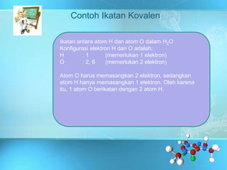 Contoh Ikatan Kovalen
Ikatan antara atom H dan atom O dalam H2O
Konfigurasi elektron H dan O adalah:
H : 1 (memerlukan 1 elektron)
O : 2, 6 (memerlukan 2 elektron)
Atom O harus memasangkan 2 elektron, sedangkan
atom H hanya memasangkan 1 elektron. Oleh karena
itu, 1 atom O berikatan dengan 2 atom H.
 
