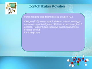 Contoh Ikatan Kovalen
Ikatan rangkap dua dalam molekul oksigen (O2)
Oksigen (Z=8) mempunyai 6 elektron valensi, sehingga
untuk mencapai konfigurasi oktet harus memasangkan 2
elektron. Pembentukan ikatannya dapat digambarkan
sebagai berikut:
Lambang Lewis:
 