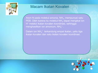 Macam Ikatan Kovalen
Atom N pada molekul amonia, NH3, mempunyai satu
PEB. Oleh karena itu molekul NH3 dapat mengikat ion
H+ melalui ikatan kovalen koordinasi, sehingga
menghasilkan ion amonium, NH4
+ .
Dalam ion NH4
+ terkandung empat ikatan, yaitu tiga
ikatan kovalen dan satu ikatan kovalen koordinasi.
 